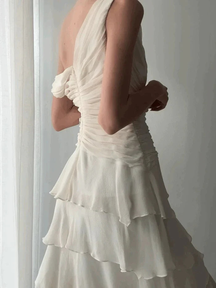 Elegant Ivory V-neck Layered Waist Pleated Irregular Chiffon Ruffle Birthday Party Homecoming Dress cc4697