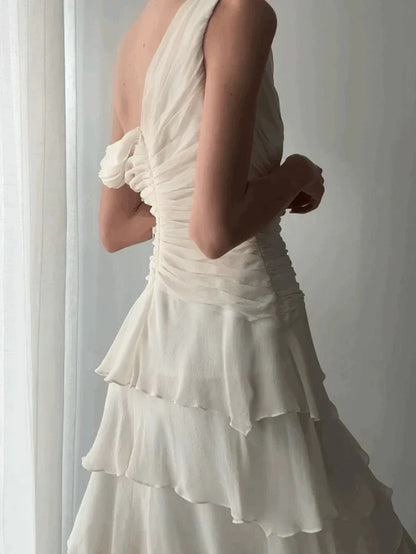 Elegant Ivory V-neck Layered Waist Pleated Irregular Chiffon Ruffle Birthday Party Homecoming Dress cc4697