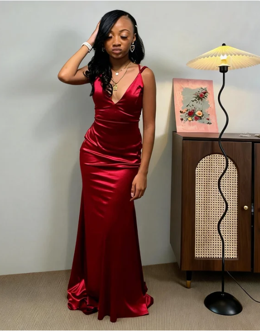 Simple Burgundy Spaghetti Strap V-Neck Mermaid Satin Long Prom Dress Evening Dress cc5500