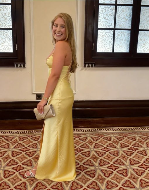 Simple Pale Yellow Spaghetti Strap Slit Open Back Tie Satin Long Prom Dress Evening Dress Bridesmaid Dress cc5504