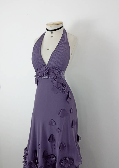 Pretty Purple Halter V-Neck 3D Floral Layered Irregular Chiffon Long Prom Dress Evening Dress cc5505