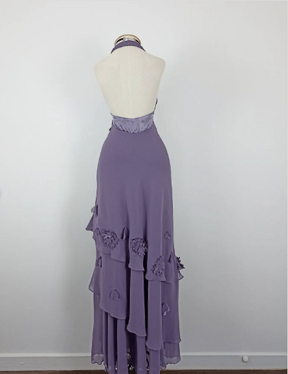 Pretty Purple Halter V-Neck 3D Floral Layered Irregular Chiffon Long Prom Dress Evening Dress cc5505