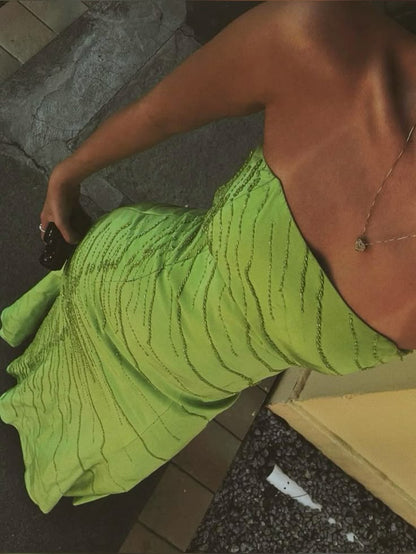 Sexy Neon Green Strapless Mermaid Beaded Satin Long Prom Dress Evening Dress cc5508