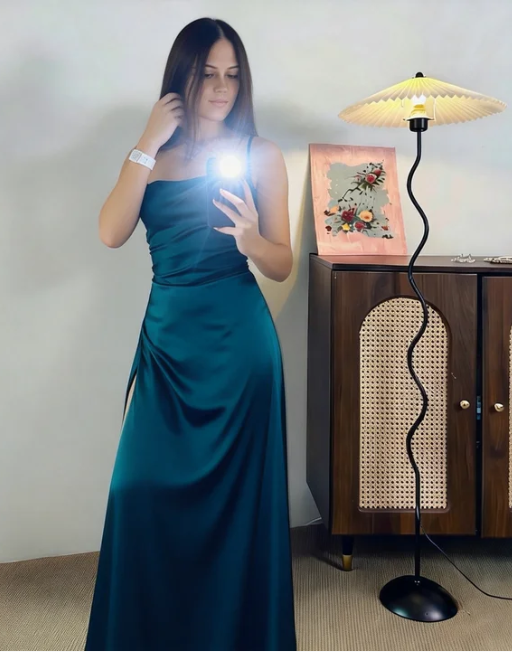 Elegant Teal Spaghetti Strap Square Neck Satin Long Prom Dress Evening Dress cc5510