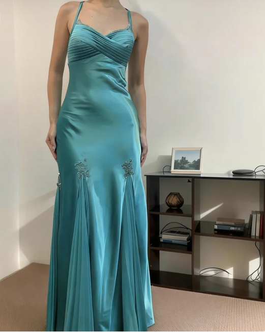 Elegant Lake Blue Spaghetti Strap Beaded Mermaid Satin Long Prom Dress Evening Dress Bridesmaid Dress cc5511