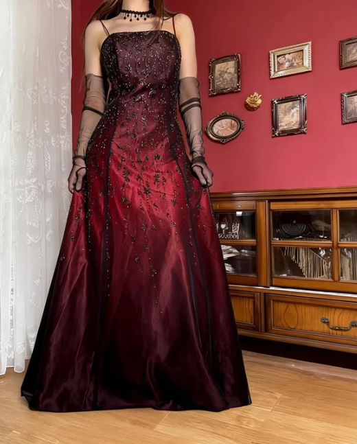 Vintage Burgundy A-Line Spaghetti Strap Beaded Satin Long Prom Dress Birthday Dress cc5512