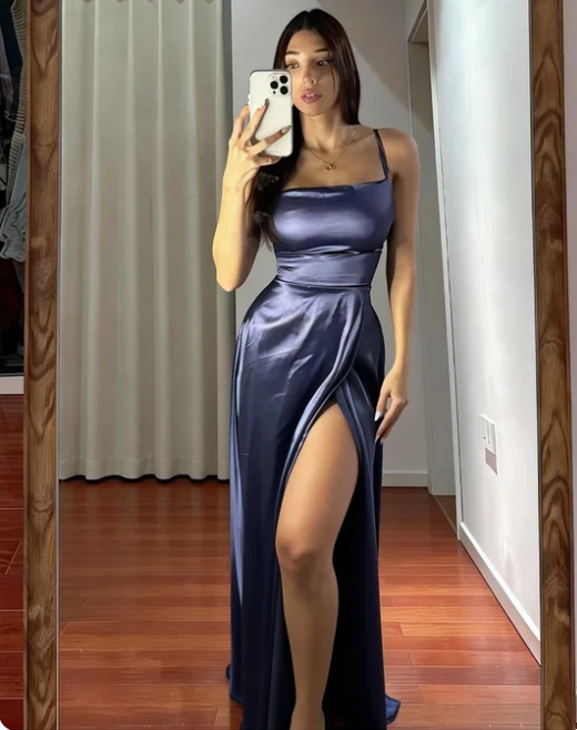 Elegant Dusty Blue Spaghetti Strap Square Neck Slit Satin Long Prom Dress Evening Dress cc5514