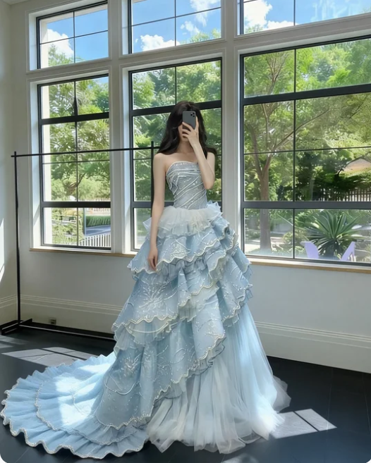 Dreamy Light Blue Strapless Layered Tulle Train Prom Dress Birthday Dress cc5517