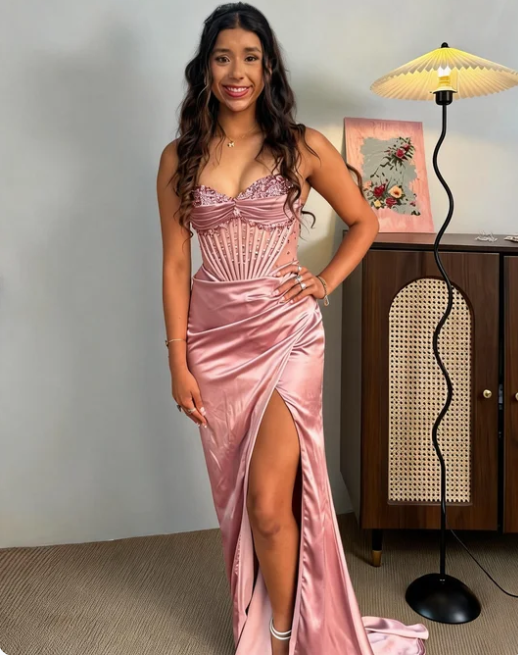 Elegant Pink Sweetheart Neck Corset Beaded High Slit Satin Long Prom Dress Evening Dress cc5520