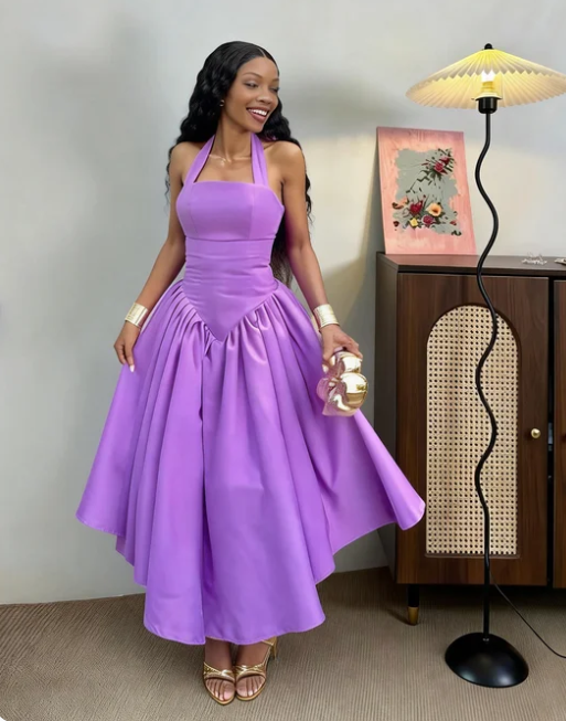 Elegant Purple Halter Neck A-Line Satin Long Prom Dress Evening Dress cc5526