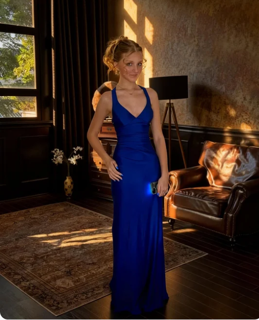 Elegant Royal Blue V-Neck Mermaid Satin Long Prom Dress Evening Dress cc5530