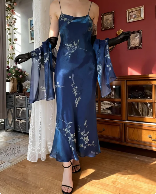 Vintage Navy Blue Printed Spaghetti Strap Mermaid Satin Prom Dress Evening Dress cc5532
