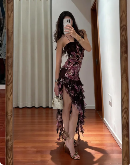 Sexy Spaghetti Strap Printed Ruffled Split Chiffon Prom Dress Birthday Dress cc5536