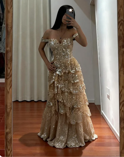 Gorgeous Champagne Gold Off-the-Shoulder A-Line Sequin Layered Tulle Train Prom Dress Evening Dress cc5541