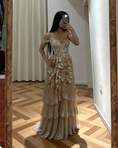 Gorgeous Champagne Gold Off-the-Shoulder A-Line Sequin Layered Tulle Train Prom Dress Evening Dress cc5541