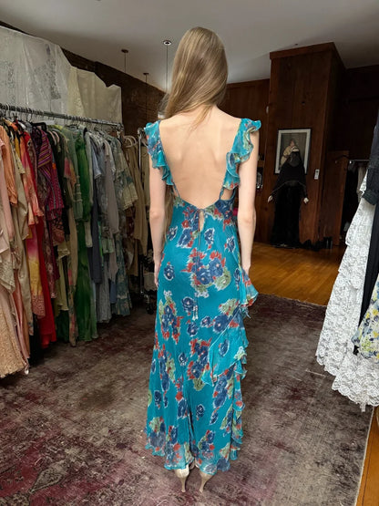 Vintage Lake Blue Floral Spaghetti Strap Mermaid Ruffle Chiffon Long Prom Dress Evening Dress cc5550