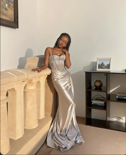 Sexy Silver Spaghetti Strap Mermaid Satin Long Prom Dress Evening Dress cc5552