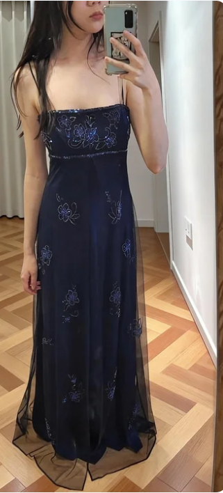 Vintage Navy Blue A-Line Spaghetti Strap Beaded Tulle Long Prom Dress Birthday Dress cc5553