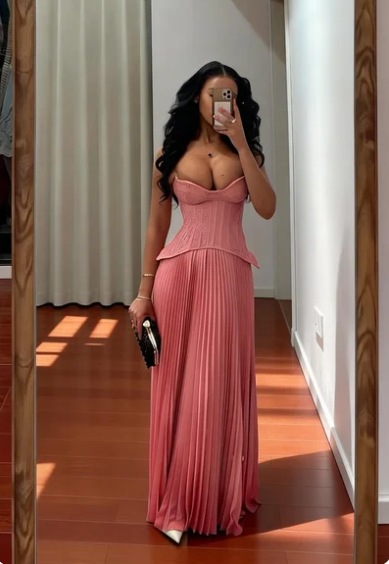 Sexy Pink Strapless A-Line Boned Waist Pleated Satin Long Prom Dress Evening Dress cc5557