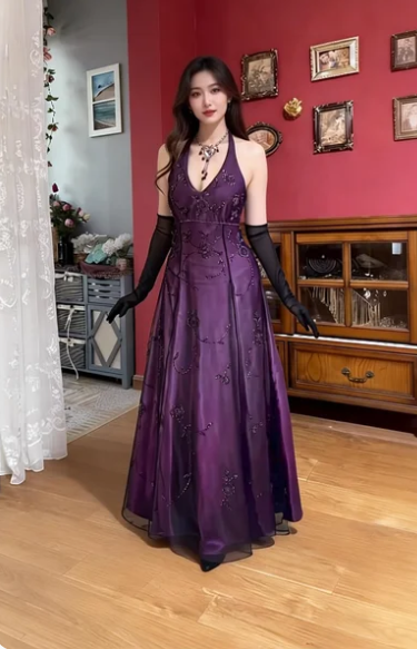 Vintage Dark Purple Halter Neck A-Line Beaded Satin Long Prom Dress Evening Dress cc5558