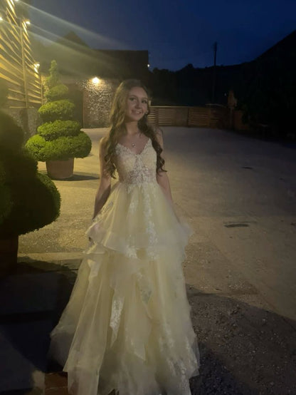 Sweet Pale Yellow A-line Multi-layer Cake Lace Tulle Long Prom Dress Evening Dress Bridesmaids Dress cc4776