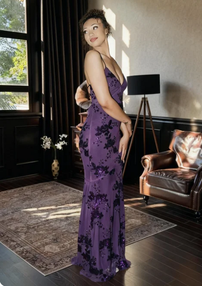 Vintage Dark Purple Deep V Spaghetti Strap Mermaid Sequin Tulle Long Prom Dress Evening Dress cc5563