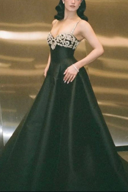 Elegant Black Spaghetti Strap A-Line Rhinestone Satin Train Prom Dress Evening Dress cc5564
