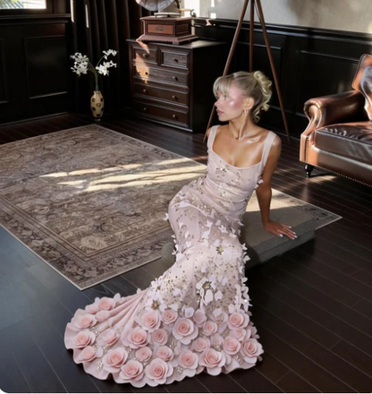 Dreamy Pink Square Neck Mermaid 3D Floral Beaded Sequin Tulle Long Prom Dress Evening Dress cc5565