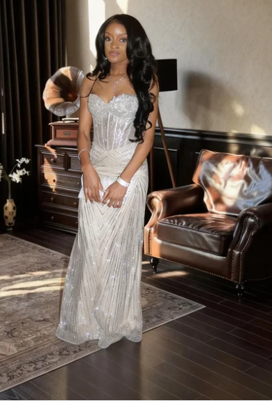 Luxurious Silver White Strapless Boned Corset Beaded Mermaid Tulle Long Prom Dress Evening Dress cc5577