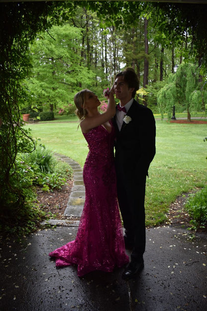Shimmering Pink Mermaid Tail V-neck Strap Sequin Long Prom Dress Evening Dress cc4778