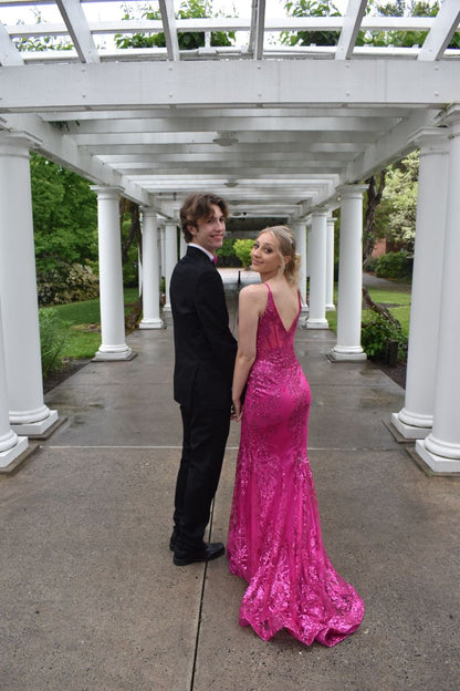 Shimmering Pink Mermaid Tail V-neck Strap Sequin Long Prom Dress Evening Dress cc4778