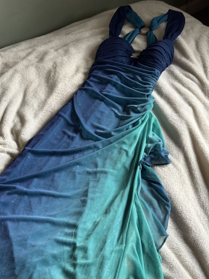 Dreamy Gradient Blue-Green Halter Neck Ruched Chiffon Long Prom Dress Evening Dress cc5580