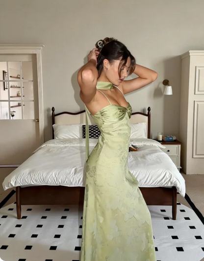 Vintage Light Green Spaghetti Strap Jacquard Satin Long Prom Dress Evening Dress cc5581