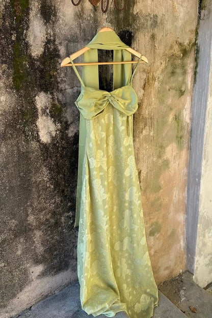 Vintage Light Green Spaghetti Strap Jacquard Satin Long Prom Dress Evening Dress cc5581