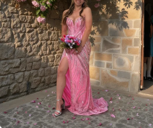 Shimmering Pink Strapless Mermaid Sequin High Slit Train Prom Dress Evening Dress cc5582