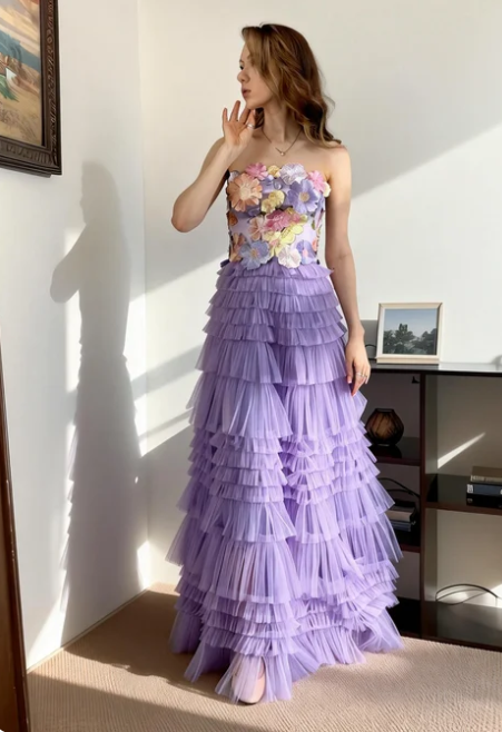 Dreamy Purple Strapless 3D Floral Multi-Layer Tulle Long Prom Dress Evening Dress cc5584