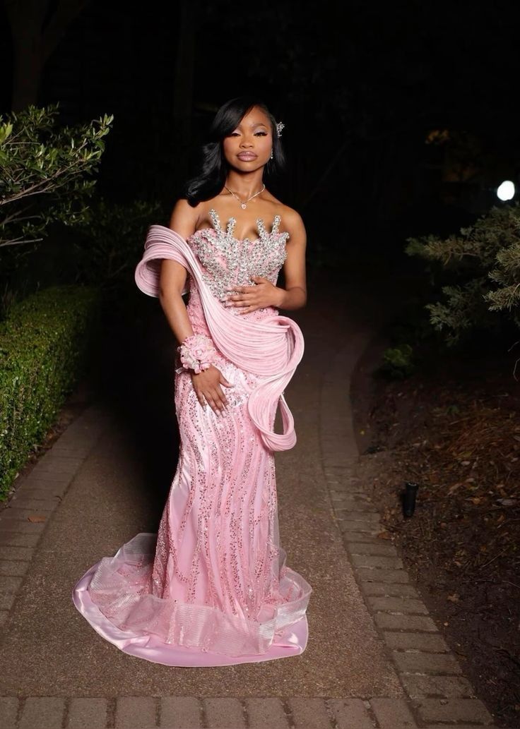 Luxurious Pink Mermaid Beaded Satin Train Prom Dress Evening Dress cc5590