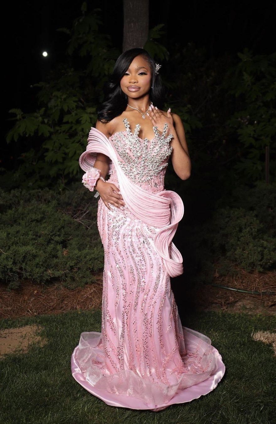 Luxurious Pink Mermaid Beaded Satin Train Prom Dress Evening Dress cc5590