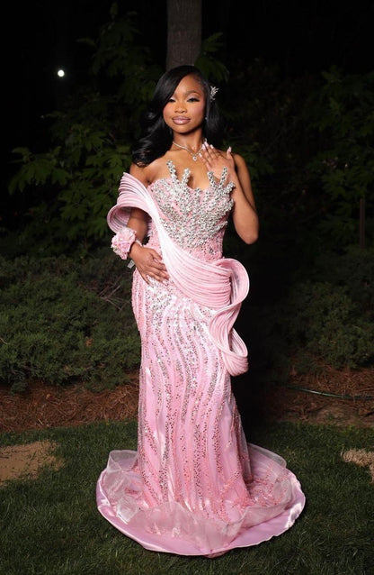 Luxurious Pink Mermaid Beaded Satin Train Prom Dress Evening Dress cc5590