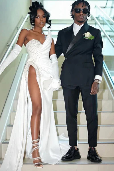 Simple White Pearl Beaded High Slit Satin Train Prom Dress Evening Dress cc5591