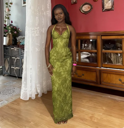 Vintage Green Halter Neck Mermaid Lace Long Prom Dress Evening Dress cc5592