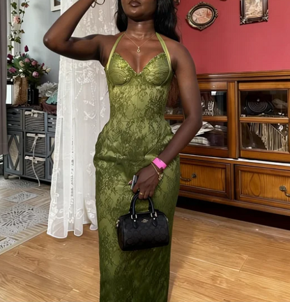 Vintage Green Halter Neck Mermaid Lace Long Prom Dress Evening Dress cc5592