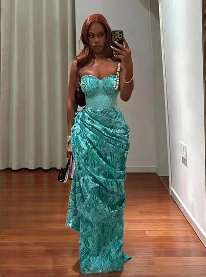 Vintage Lake Blue Strapless Beaded Jacquard Satin Long Prom Dress Evening Dress cc5594