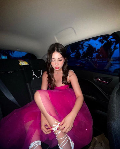 Sweet Rose Pink A-line Suspender Tulle Long Prom Dress Evening Dress 20th Birthday Dress cc4708