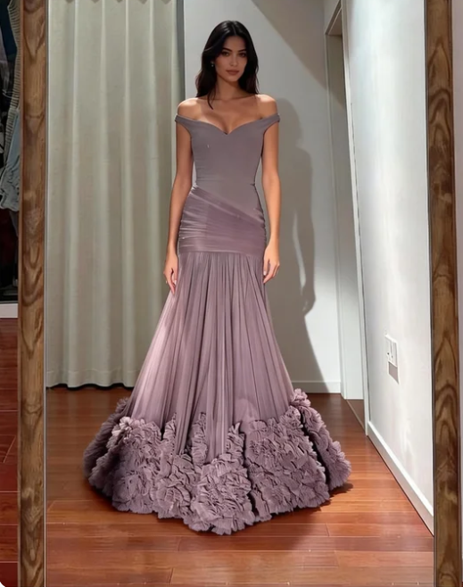 Gorgeous Grey Purple Off-Shoulder 3D Floral Tulle Long Prom Dress Evening Dress cc5602