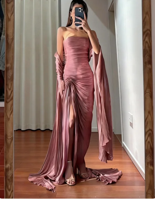 Elegant Dusty Pink Strapless Ruched High Slit Satin Train Prom Dress Evening Dress cc5603