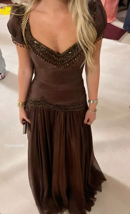 Vintage Retro Dark Coffee Short Sleeve Beaded Tassel Chiffon Long Prom Dress Evening Dress cc5606