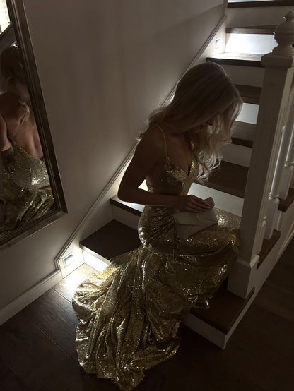 Gorgeous Gold Spaghetti Strap V-Neck Backless Lace-up Mermaid Sequin Train Prom Dress Evening Dress cc5615