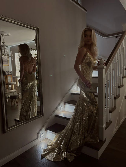 Gorgeous Gold Spaghetti Strap V-Neck Backless Lace-up Mermaid Sequin Train Prom Dress Evening Dress cc5615