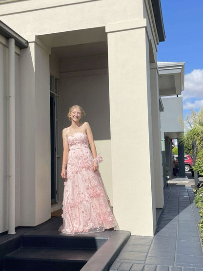 Dreamy Pink Strapless 3D Applique A-Line Tulle Long Prom Dress Evening Dress cc5616
